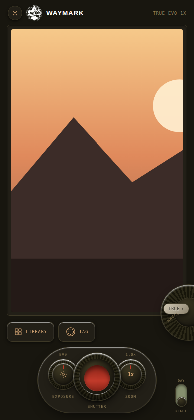 The app's camera viewfinder, showing a live color-graded preview with exposure, shutter, and zoom dials and a day/night mode switch