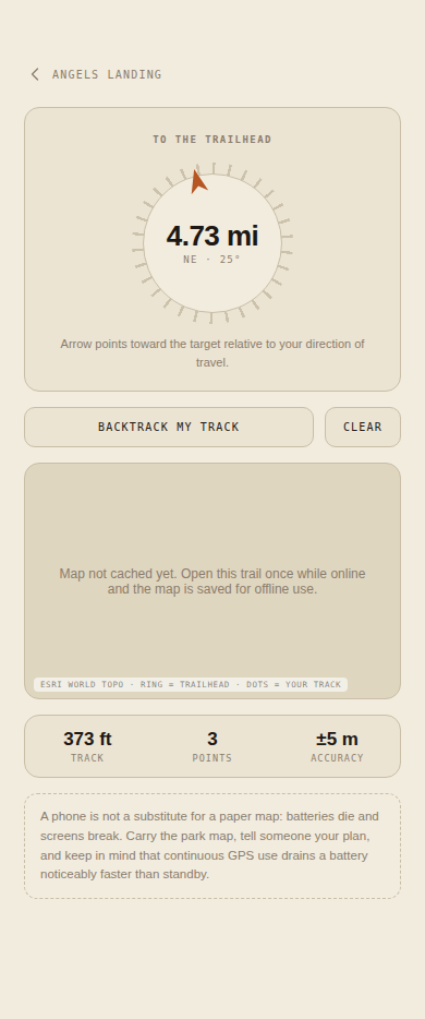 Live trail navigation screen: a compass pointing toward Angels Landing's trailhead, distance and bearing, a breadcrumb track, and an offline map placeholder
